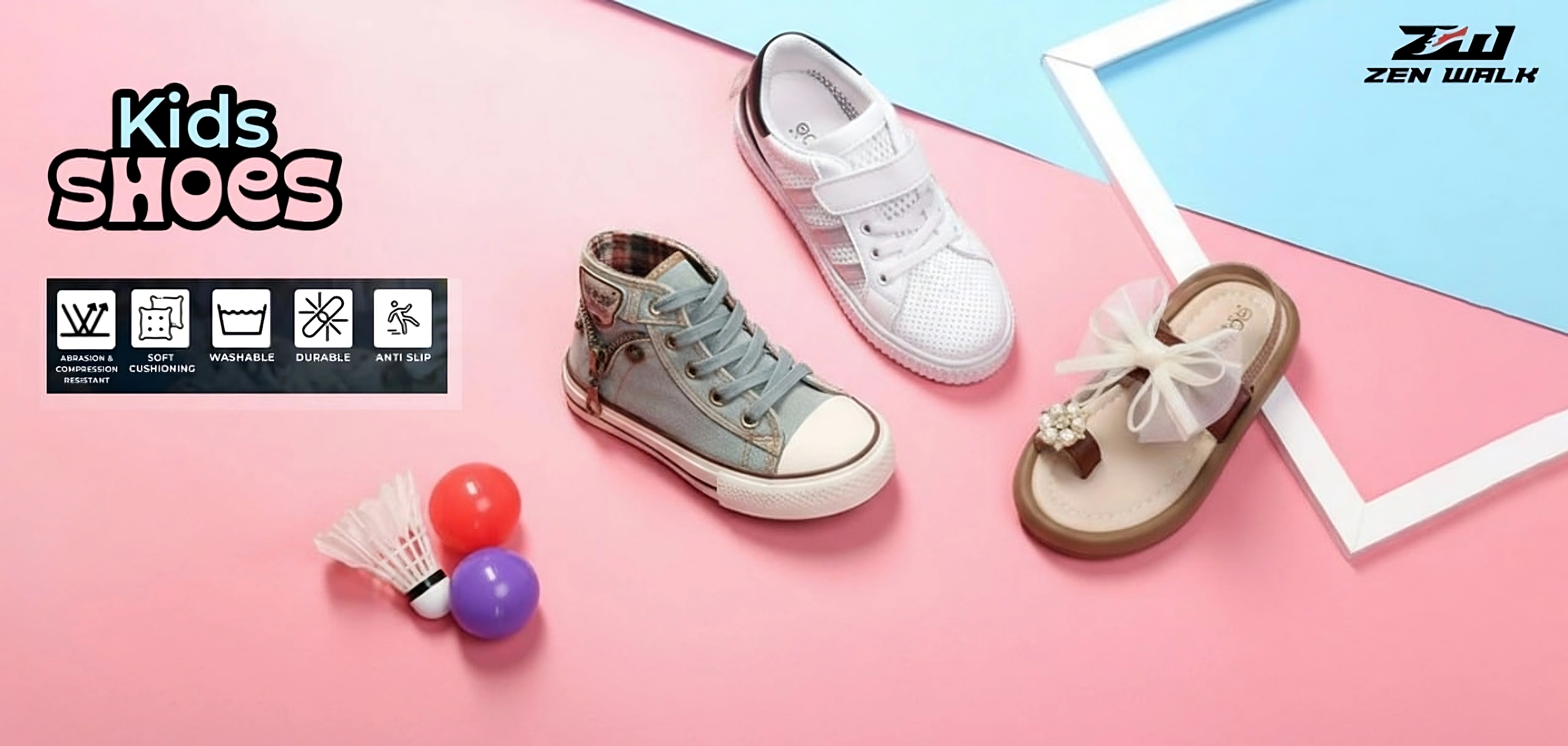 Kids shoes banner with sneakers and sandals on a pink and blue background, Zen Walk branding