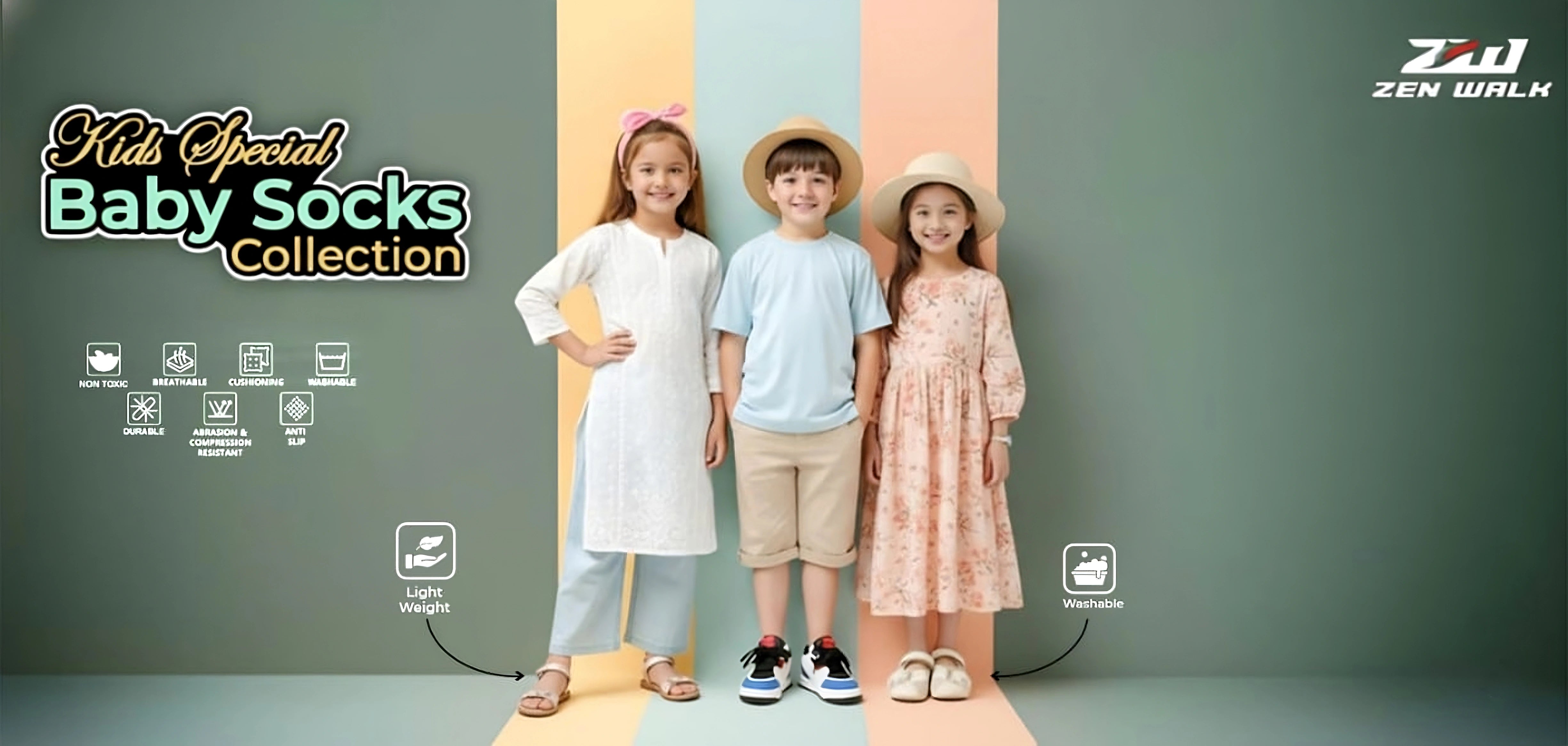 Kids Baby Socks Collection banner with three smiling children, colorful background, Zen Walk logo
