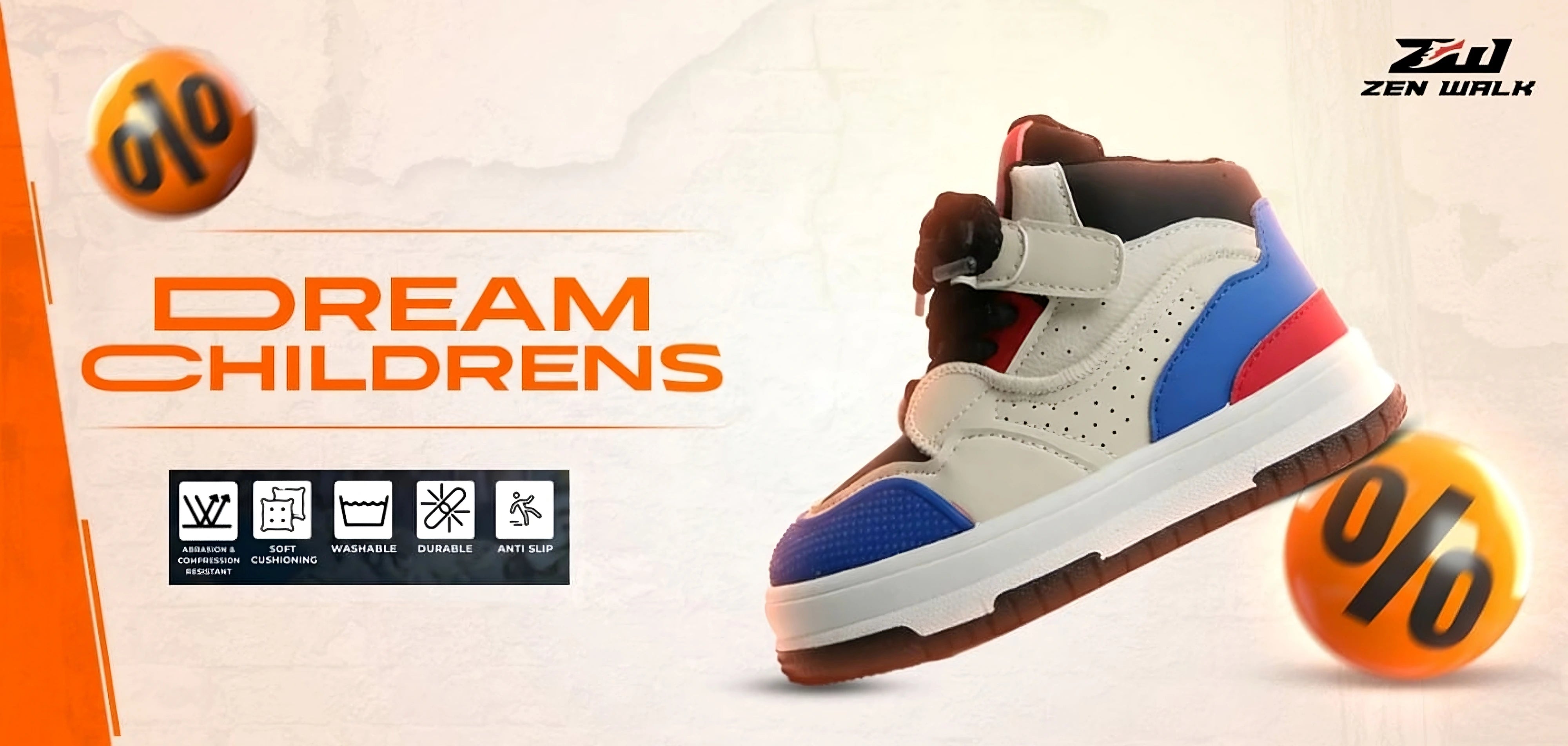 Zen Walk Dream Childrens sneaker, white with blue and red, anti-slip, soft cushioning, washable, durable