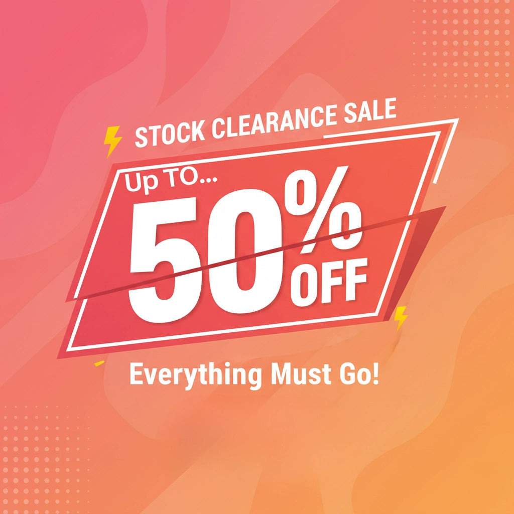 Stock clearance sale banner with up to 50% off and everything must go on pink gradient background.
