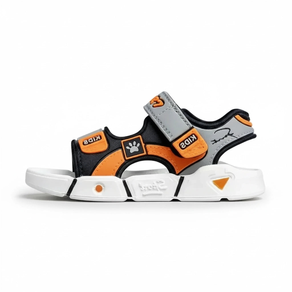 Black, orange, and gray kids sandal with paw print, Velcro straps, and white sole