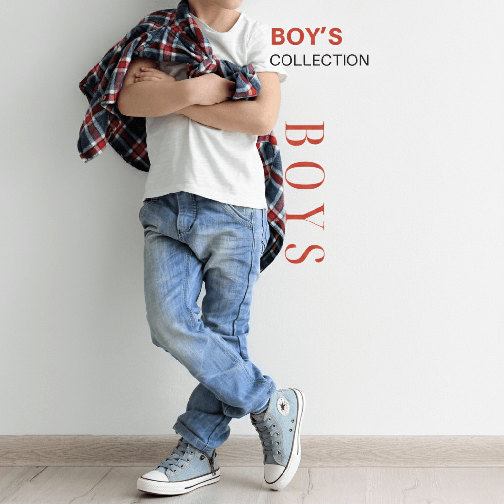 Young boy wearing stylish denim jeans and blue sneakers from Zen Walk Boys Collection — trendy, comfortable, and durable footwear for active kids
